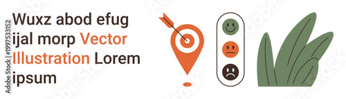 Navigation systems, decision-making, mood tracking, emotional analysis, wellness apps, environmental concepts. Target marker with arrow, emotion scale and abstract plants. Navigation