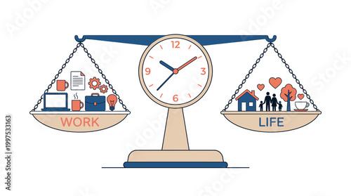 Flat Vector Work Life Balance Scale with Clock Minimalist Concept