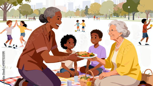 A cheerfully illustrated picnic blanket evokes relaxation and outdoor enjoyment. Ideal for lifestyle content, advertising summer activities, or repres