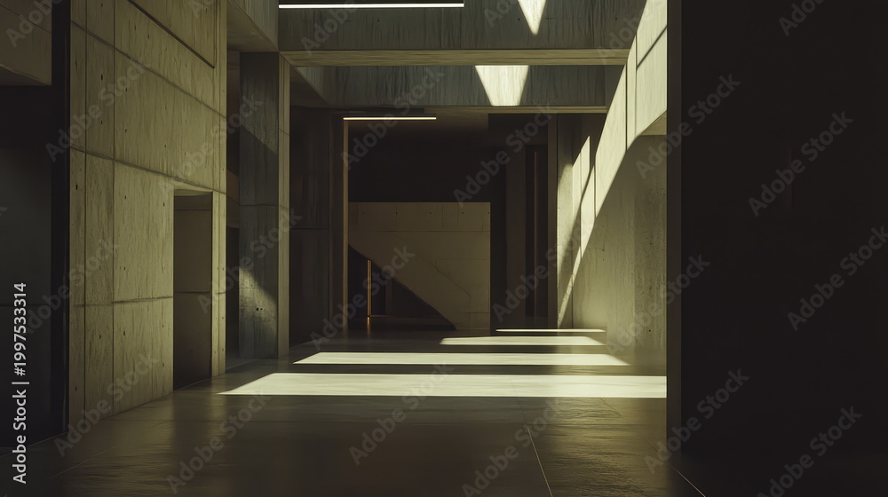 Obraz premium Concrete brutalist architecture interior with geometric light patterns