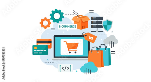 E-commerce Ecosystem: Online Shopping, Secure Digital Payments, Cloud Hosting, and Global Delivery Logistics. Modern Flat Vector Illustration.