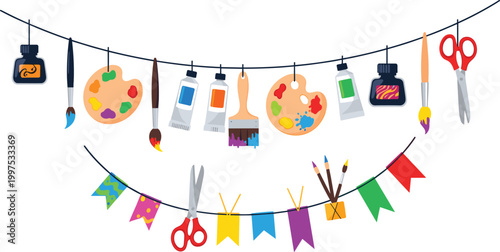 Arts and Crafts Banner Icon Set Featuring Paint Brushes, Scissors, Paint Pallets, Paint Tubes, and Colorful Flags for Kids Craft Party Decorations and Creative Events