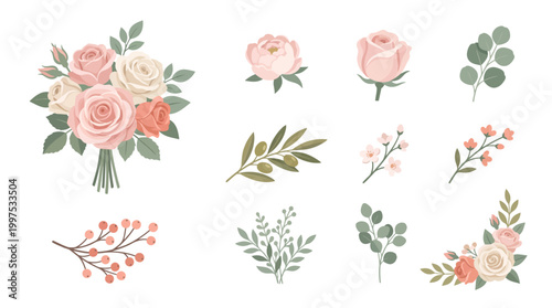 A decorative pink rose bouquet and floral vector illustration set featuring heart designs and nature elements perfect for a romantic wedding card or Valentine's Day frame