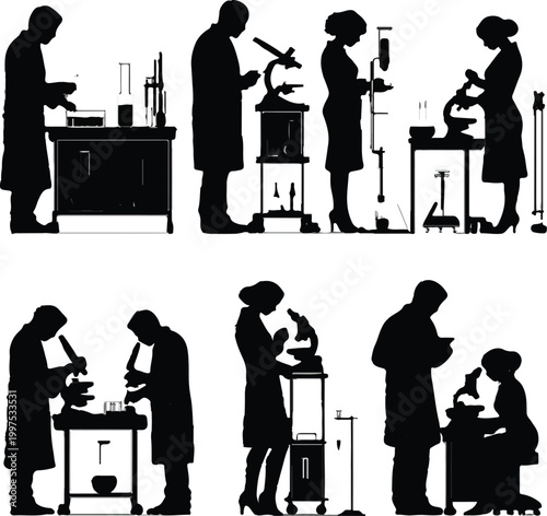 Professional silhouettes of male and female scientists diligently working on chemical and biological experiments in a modern laboratory using specialized research equipment.