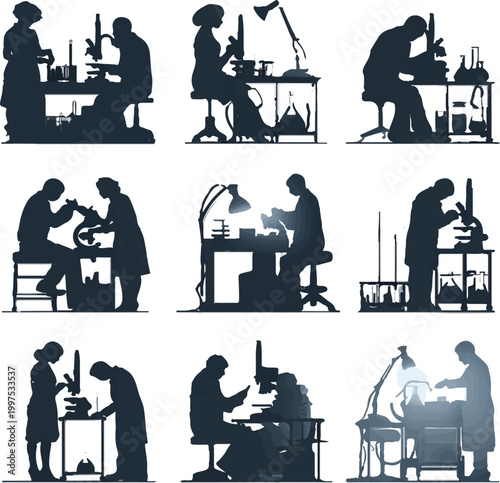 Various dark silhouettes of male and female scientists diligently working in a modern laboratory, performing diverse experiments with microscopes and glassware.