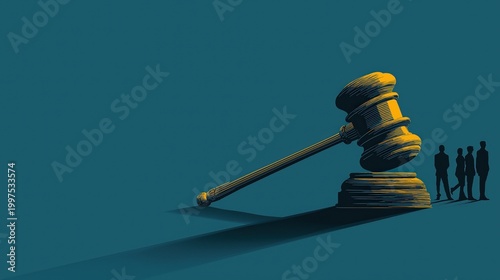 A large gavel casts a shadow over four tiny silhouetted figures, symbolizing justice, authority, and legal power dynamics.