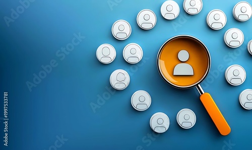 Magnifying glass on grey person icon surrounded by other icons representing recruitment.