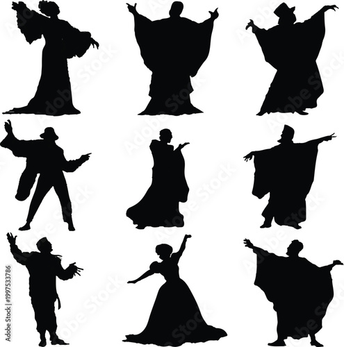 Diverse group of artistic silhouettes of performers in dramatic poses wearing vintage costumes