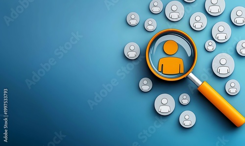 Magnifying glass over orange person icon symbolizing recruitment or human resources search.