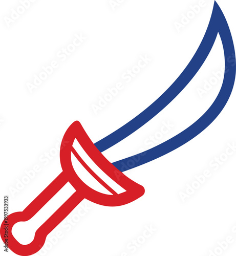 Dynamic curved sword icon with a prominent red hilt and blue blade outline representing strength and courage
