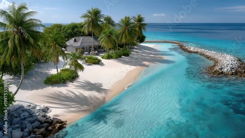 Luxury resort villa on a private tropical island in the Maldives. Featuring thatched roof bungalows. Pristine white sand beach. And clear turquoise ocean water