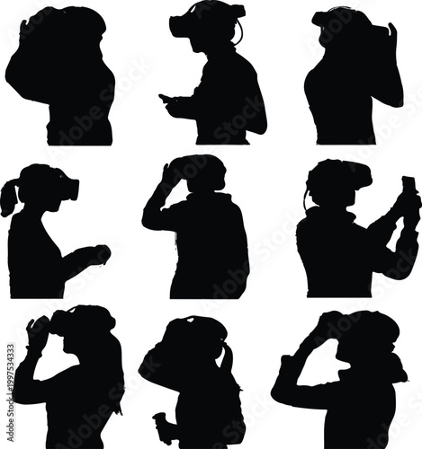 Silhouettes of diverse individuals experiencing immersive virtual reality worlds and augmented digital environments using modern VR headsets and interactive controllers, showcasing future technology.