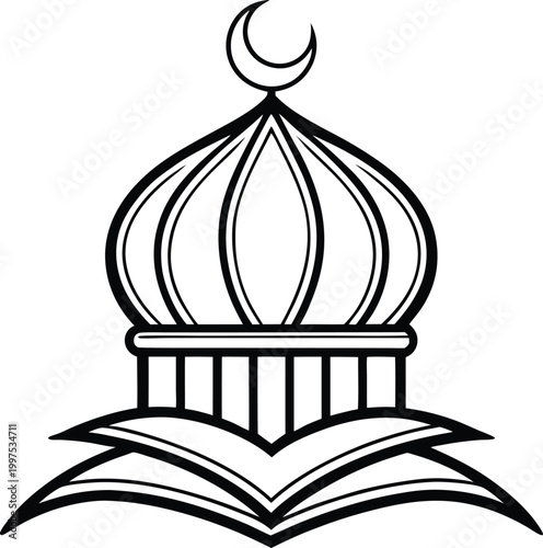 Islamic mosque dome with crescent moon symbol and sacred books