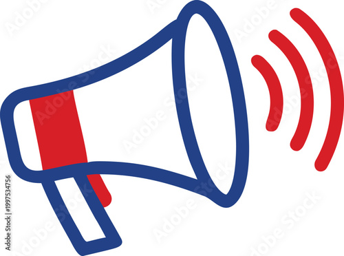 Loud blue outlined megaphone with radiating red sound waves for announcements