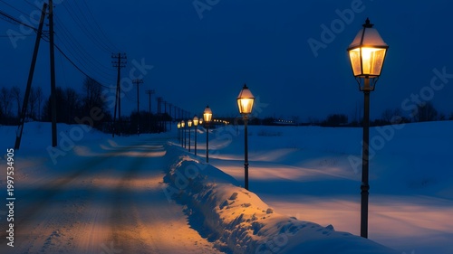 Snowy path with vintage street lamps at dusk
