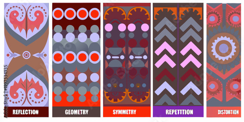 five panels showcasing reflection geometry symmetry repetition and distortion patterns