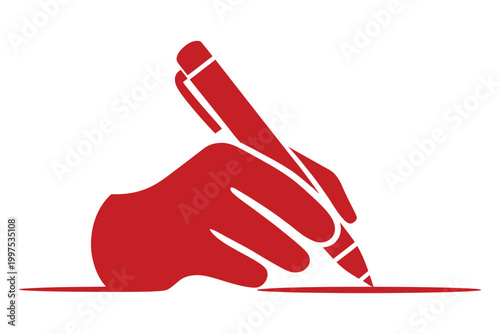 Hand holding a pen writing on a line, simple flat vector icon illustration representing signing a document, taking notes, or creative writing