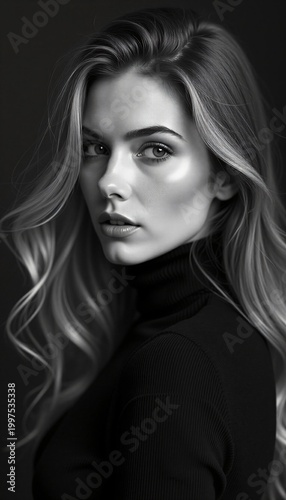 This black and white photograph features a classic female portrait, executed in an elegant and minimalist style