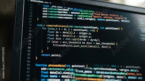 A detailed view of a computer screen displaying C++ programming code, highlighting function definitions and variables. Ideal for tech, software development, and educational content.