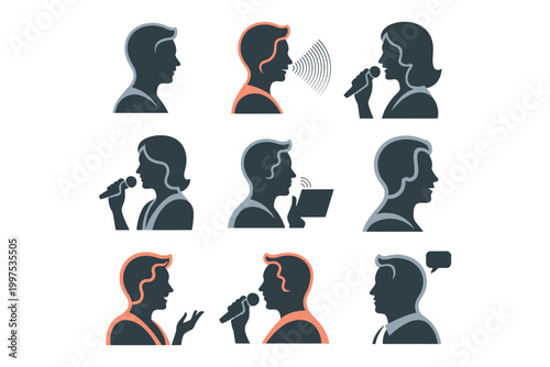 Set of icons representing communication, speaking, singing, and public presentation, featuring silhouettes of people with microphones and speech bubbles