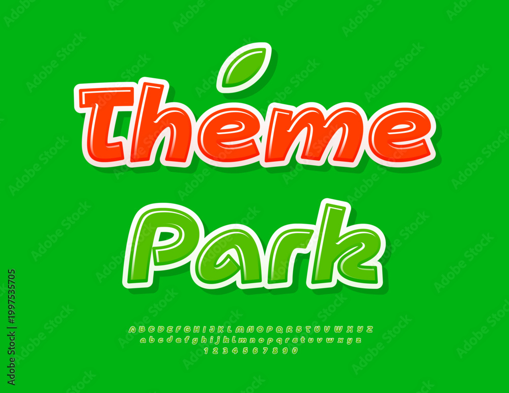 Naklejka premium Vector Children logo Theme Park. Handwritten Green Font. Glossy Alphabet Letters and Numbers set