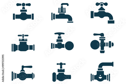 Set of vector icons of various water taps and valves