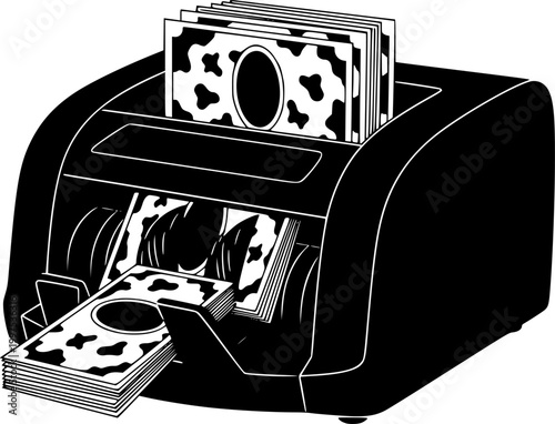 Black silhouette of a money counter machine with cow print bills on a isolated on white background
