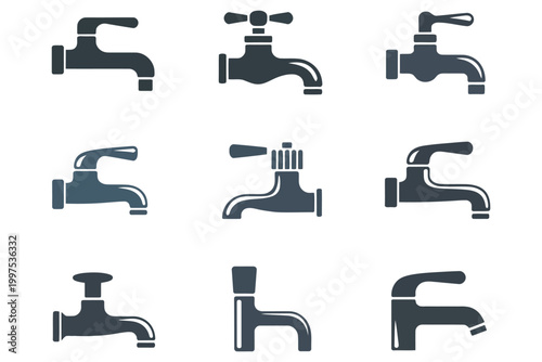 Set of water tap icons, vector illustration of plumbing fixtures for bathroom and kitchen, collection of faucet silhouettes