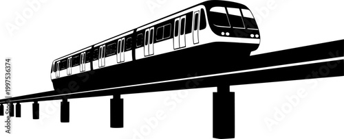 Monorail train on elevated track silhouette isolated on white background
