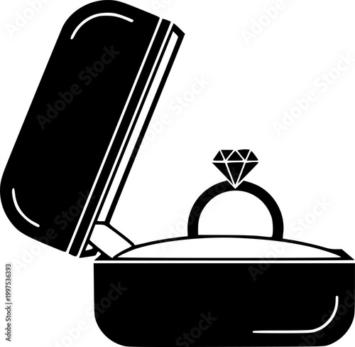 Minimalist black silhouette of an open jewelry box with a diamond ring inside flat design isolated on white background
