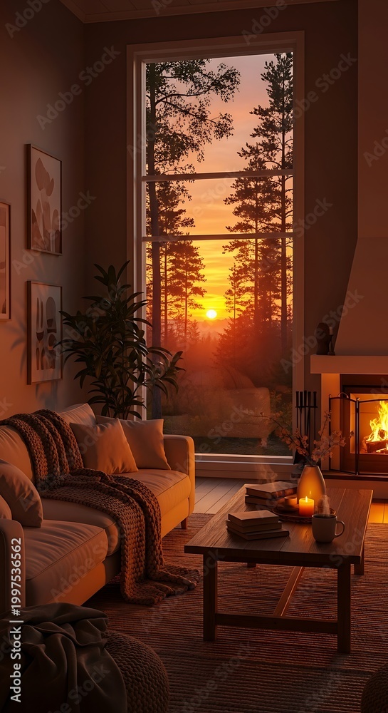 Naklejka premium Cozy living room with fireplace and large window view of sunset forest