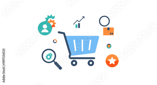 E-commerce Business Strategy & Digital Marketing Concept. Online Shopping Cart with Analytics, Customer Management, Search, and Delivery Icons.