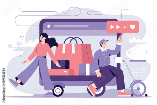 Online shopping concept with a woman walking and a delivery man sitting on a cart with shopping bags and packages, flat vector illustration