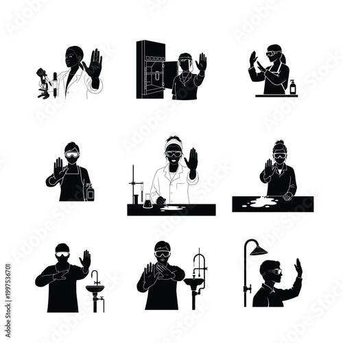 Life Science Research and Development Silhouettes Biologists and Chemists Working in Controlled Labs