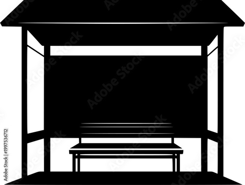 Black silhouette of a bus stop shelter with a bench isolated on white background
