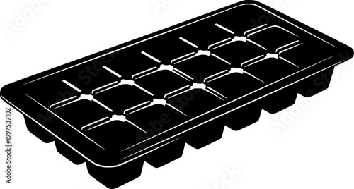 Silhouette of a black ice cube tray with 16 square cavities on a isolated on white background

