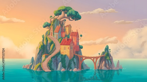 Colorful pixel art playground by the sea at sunset