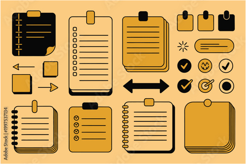 Set of vector sticky notes, checklists, and icons for planning and organization, flat design elements for digital planners and business notes