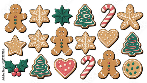 Assorted festive gingerbread cookies with holiday decorations Vector