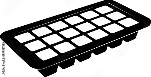 Silhouette of a black ice cube tray with 16 square cavities on a isolated on white background
