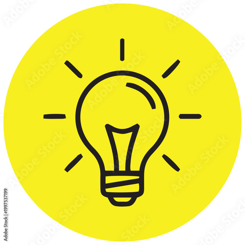 Bright yellow circular icon featuring a simple black light bulb illustration