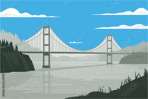 Vector illustration of a suspension bridge over a river with a forest landscape in the background under a blue sky with clouds