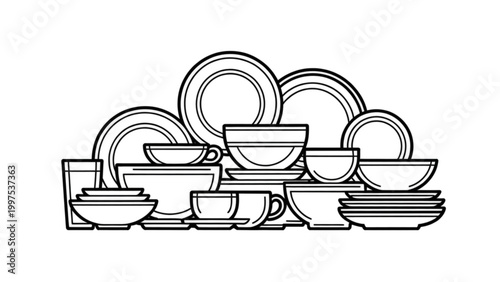 Assorted colorful plates and bowls stacked on wooden shelves Vector