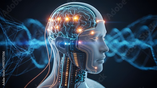 Futuristic human head with glowing brain and cybernetic neck