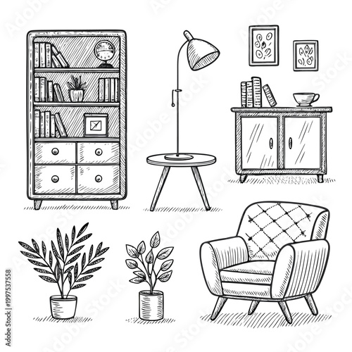 Hand-Drawn Furniture and Home Decor Illustration Set - Rustic Interior Design Elements Vector Icons