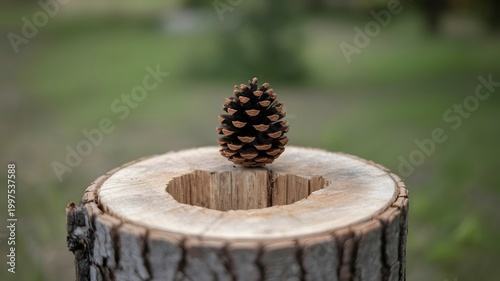 Pine cone balanced on a tree stump in nature