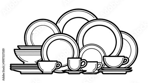 Set of vintage-style dinnerware and coffee set illustration Vector
