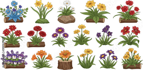 Beautiful Collection of Spring Garden Flowers and Tropical Plants in Wood Logs and Stone Pots for Landscaping, Backyard Gardening, and Botanical Nature Graphic Design Illustrations
