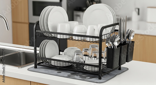 modern two tier black dish drying rack on transparent background high quality