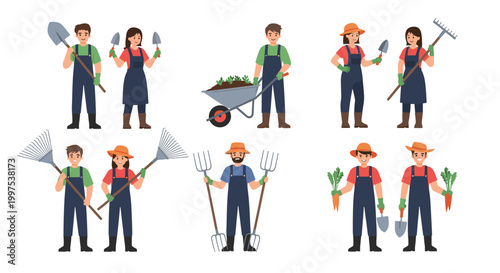 Diverse collection of male and female farmers holding various gardening and agricultural tools for land cultivation.